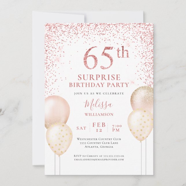 Invitation Calligraphie Parties scintillant rose Surprise 65e (Devant)
