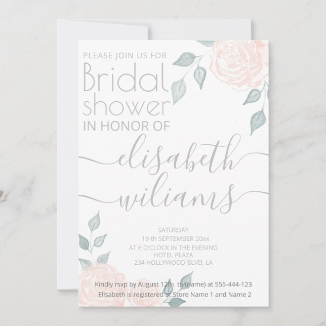 Invitation Calligraphie romantique aquarelle roses (Devant)