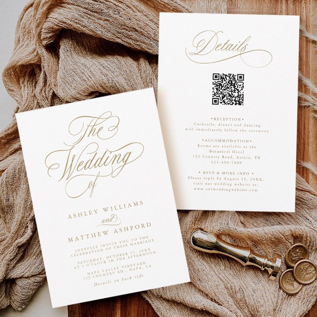 Invitation Calligraphie romantique d'or en un seul Mariage (Front & Back)