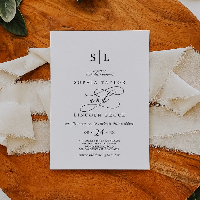 Invitation Calligraphie romantique | Mariage à monogramme orn (Romantic Calligraphy | Flourish Monogram Wedding Invitation)