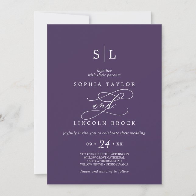 Invitation Calligraphie romantique | Mariage de monogramme vi (Devant)