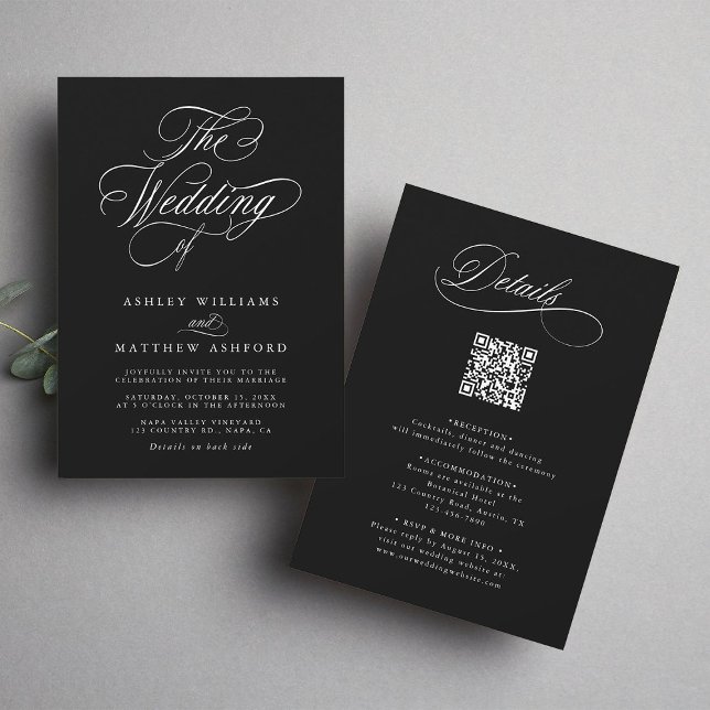 Invitation Calligraphie romantique noire en un seul Mariage (Front & Back)