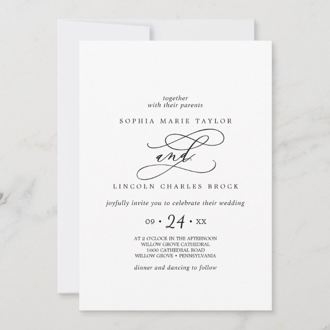 Invitation Calligraphie romantique | Nom complet Mariage flor (Devant)