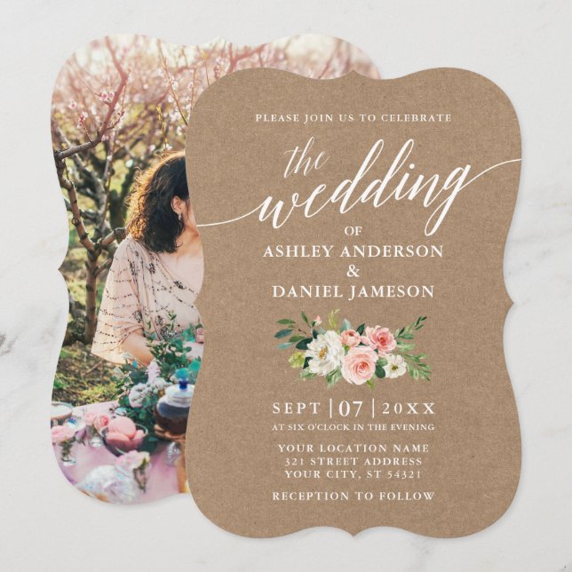 Invitation Calligraphie rose blanc Floral Mariage Kraft Photo (Devant / Derrière)