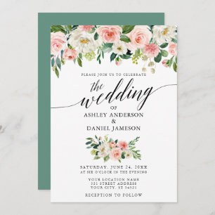 Invitation Calligraphie Rose Blush Floral Mariage vert