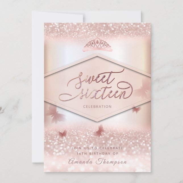 Invitation calligraphie rose de la tiare papillon d'or (Devant)