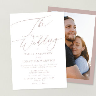 Invitation Calligraphie rose moderne Mariage photo simple