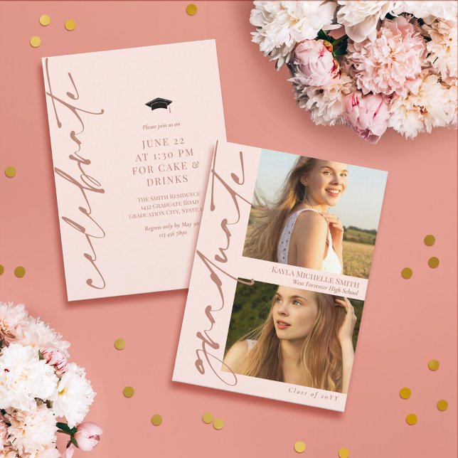 Invitation Calligraphie rose pâle et laiton 2 Photos Graduati (Créateur téléchargé)