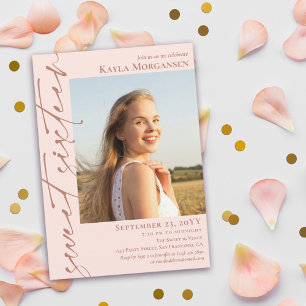 Invitation Calligraphie rose pâle et laiton Photo Sweet 16