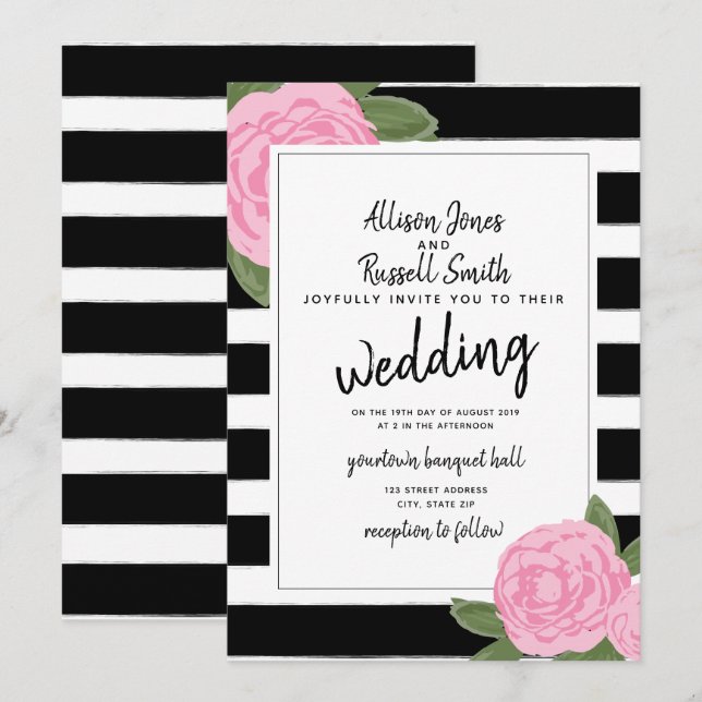 Invitation Calligraphie rose rose noir + blanc Mariage de ban (Devant / Derrière)