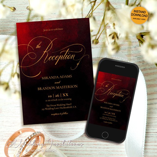 Invitation Calligraphie rouge et or noir Réception de mariage (Créateur téléchargé)