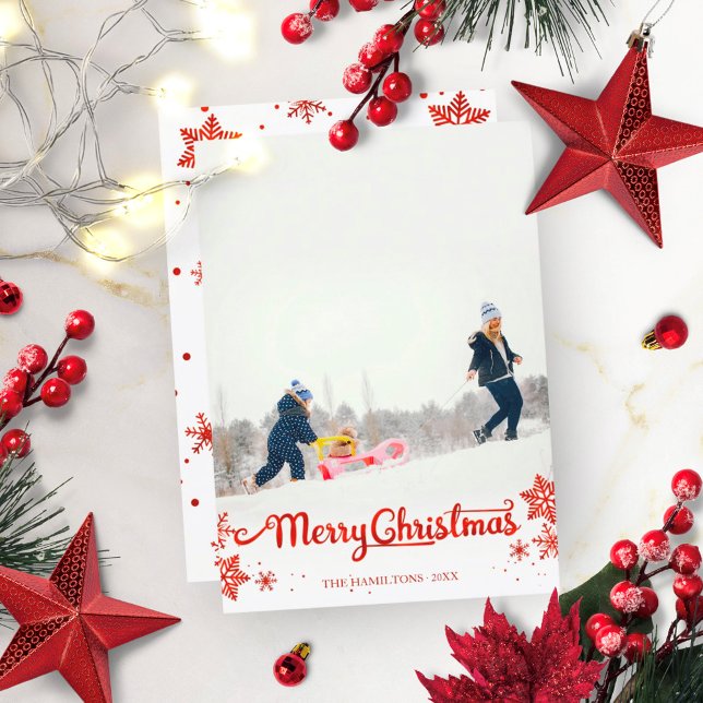 Invitation Calligraphie rouge photo Flocon de neige Noël (Créateur téléchargé)
