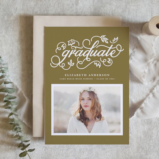Invitation Calligraphie Rustique Or Photo Remise de Diplômes (Customizable photo graduation invitation featuring whimsical rustic calligraphy. )