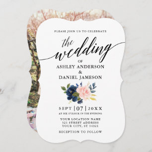 Invitation Calligraphie Script Blue Rose Floral Mariage photo