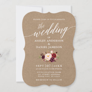 Invitation Calligraphie Script Bourgogne Floral Mariage Kraft