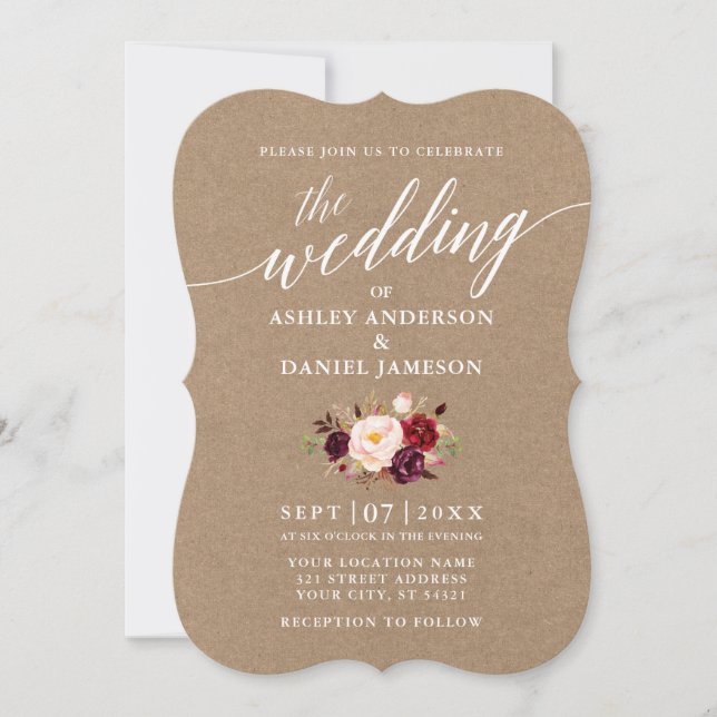 Invitation Calligraphie Script Bourgogne Floral Mariage Kraft (Devant)