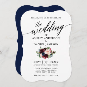 Invitation Calligraphie Script Burgundy Blue Floral Mariage