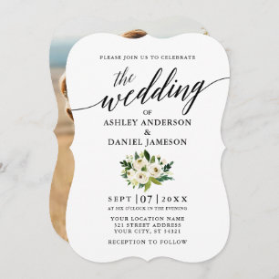 Invitation Calligraphie Script Green Floral Photo Mariage