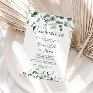 Invitation Calligraphie Script Green Foliage Quinceañera