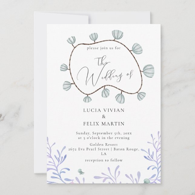 Invitation Calligraphie Seashell & Seaweed Beach Mariage (Devant)