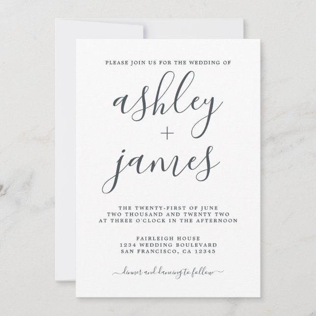 Invitation Calligraphie simple Chic Mariage noir blanc (Devant)