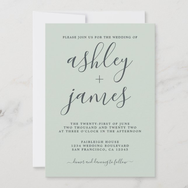 Invitation Calligraphie simple et chic Pastel Mariage vert (Devant)