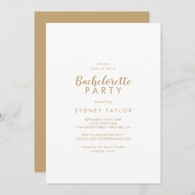 Invitation Calligraphie simple | Gold Back Bachelorte Party (Devant / Derrière)