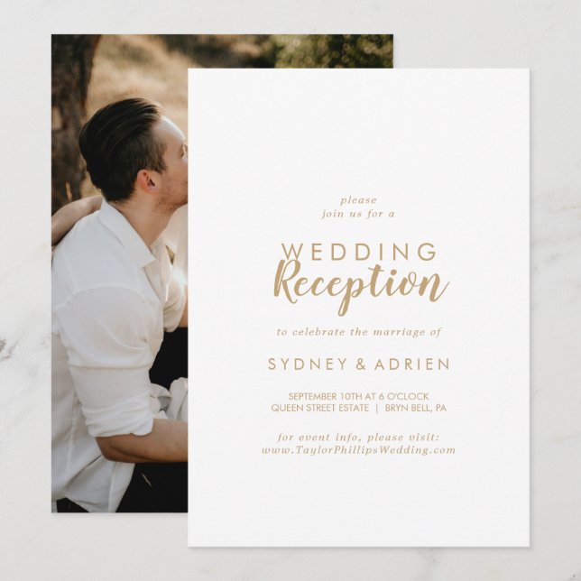 Invitation Calligraphie simple|Réception de mariage photo or  (Devant / Derrière)