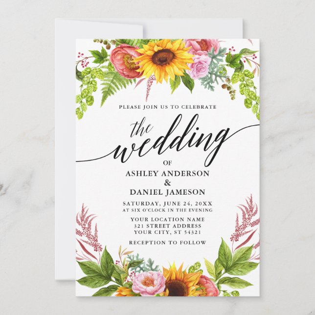 Invitation Calligraphie Sunflower Boho Floral Mariage (Devant)