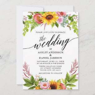 Invitation Calligraphie Sunflower Boho Floral Mariage