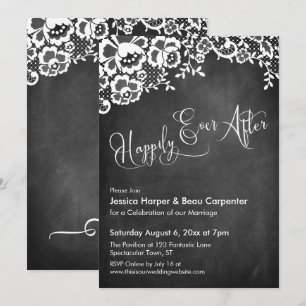 Invitation Calligraphie tableau noir et dentelle "Heureux pou