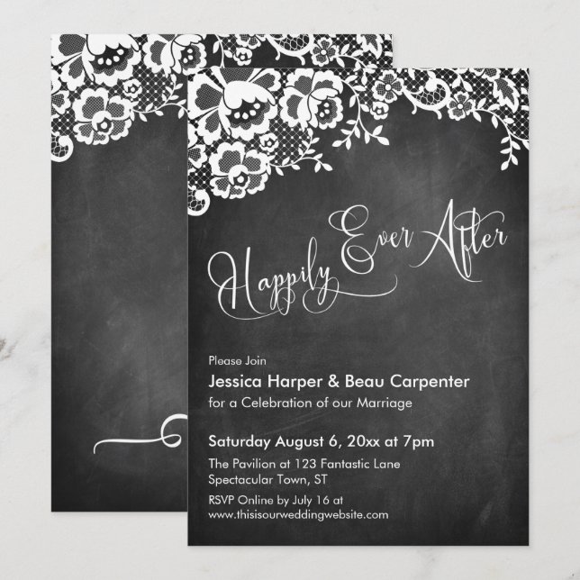 Invitation Calligraphie tableau noir et dentelle "Heureux pou (Devant / Derrière)