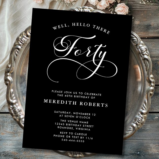 Invitation Calligraphie tourbillonnant Black 40th Birthday Pa (Elegant Swirly Calligraphy Black 40th Birthday Party Invitations)