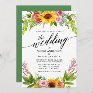 Invitation Calligraphie Tournesol Boho Floral Mariage