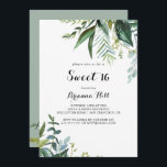 Invitation Calligraphie verte douce 16 fête d'anniversaire<br><div class="desc">Cette calligraphie verte douce invitation de fête de 16 ans est parfait pour un anniversaire moderne. Le design est composé principalement de feuilles tropicaux verts.</div>