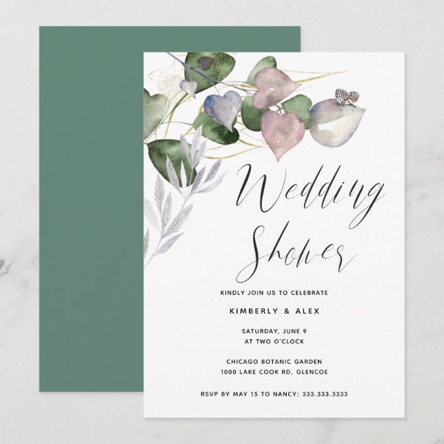 Invitation Calligraphie Wedding shower Aquarelle Eucalyptus (Devant / Derrière)