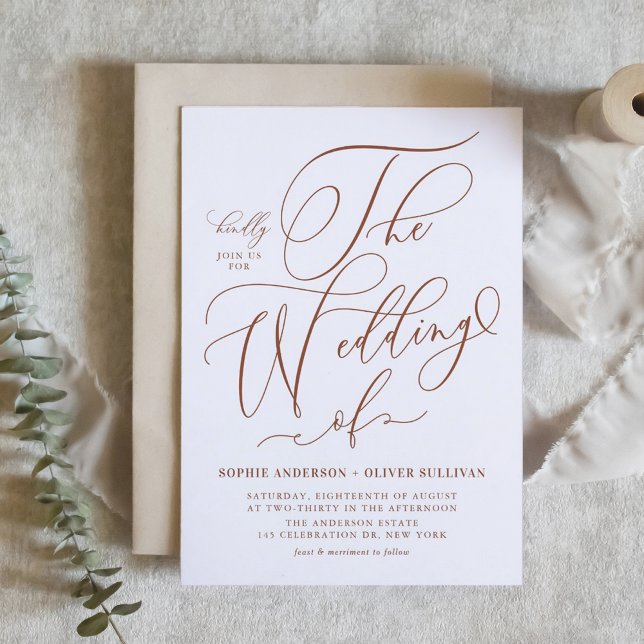 Invitation Calligraphie Whimsical en terre cuite QR Code Mari (Terracotta Whimsical Calligraphy QR Code Wedding Invitation)