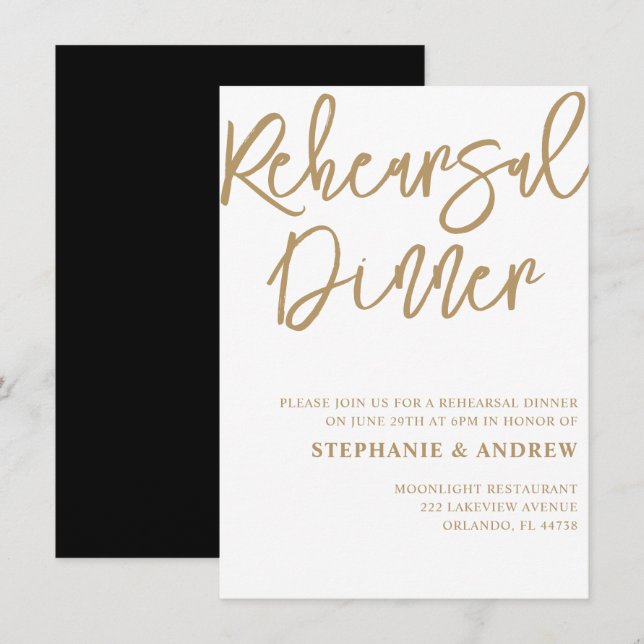 Invitation calligraphiée en or pour dîner de répét (Devant / Derrière)
