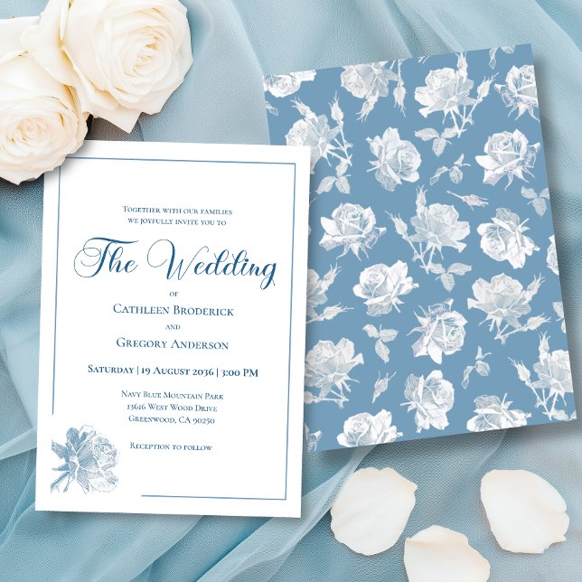 Invitation Calligraphy Line Art Dusty Blue Floral Wedding (Créateur téléchargé)