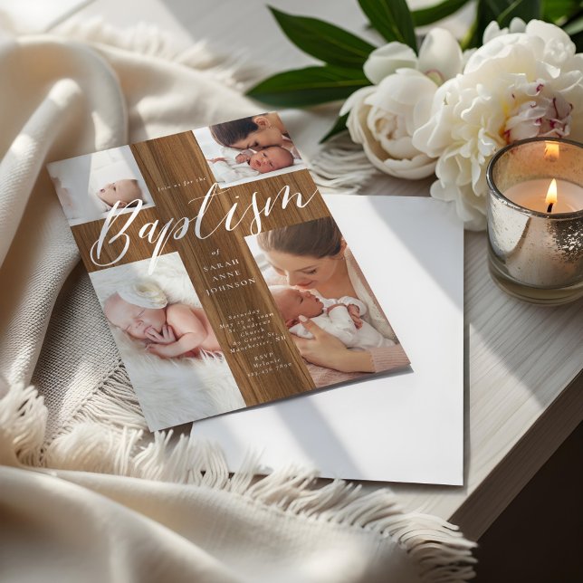 Invitation Calligraphy Photo Collage Baby Baptism Wood Cross  (Calligraphy Photo Collage Baby Baptism Wood Cross Invitation)