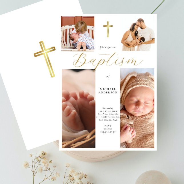 Invitation Calligraphy Photo Collage Gold Cross Baby Baptism (Créateur téléchargé)