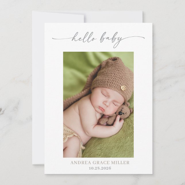 Invitation Calligraphy Photo Hello Baby Announcement Card (Devant)