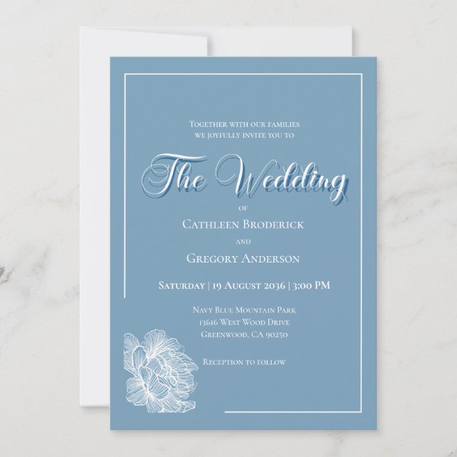 Invitation Calligraphy Script Dusty Blue White Floral Wedding (Devant)