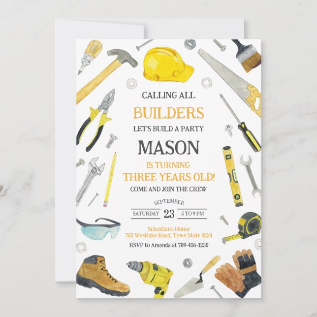 Invitation Calling All Builders Construction Tools Birthday  (Devant)