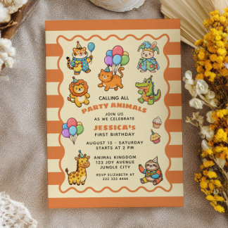 Invitation Calling All Party Animals Cute ZOO First Birthday 