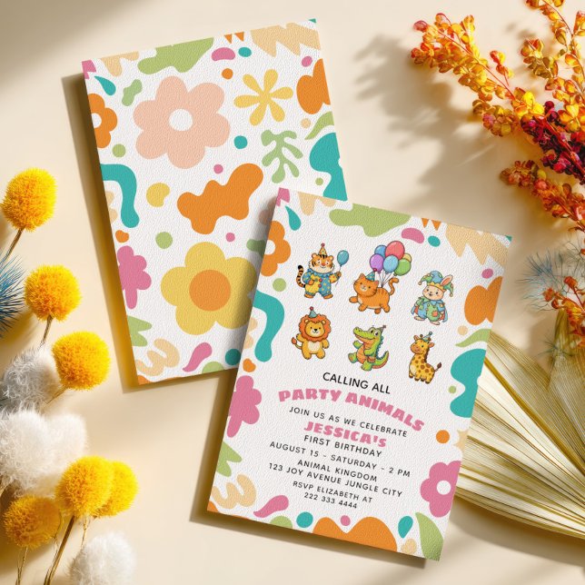 Invitation Calling All Party Animals Floral Kids 1st Birthday (Créateur téléchargé)