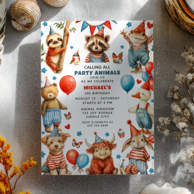 Invitation Calling All Party Animals Whimsical Kids Birthday  (Créateur téléchargé)