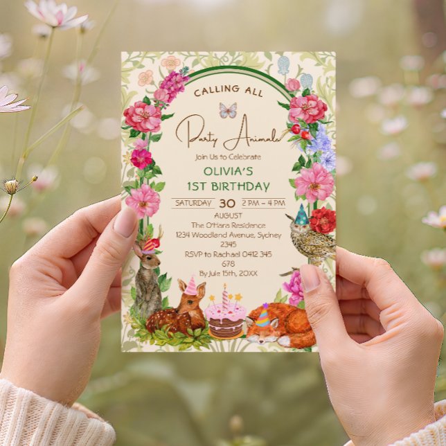 Invitation Calling All Party Animals Woodland Floral Birthday (Créateur téléchargé)