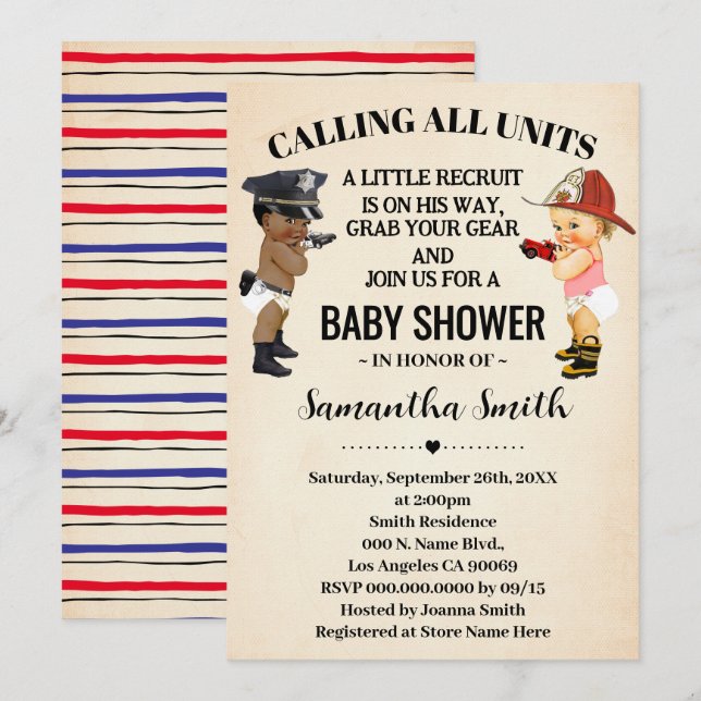 Invitation Calling All Units Police Firefighter Baby Shower (Devant / Derrière)