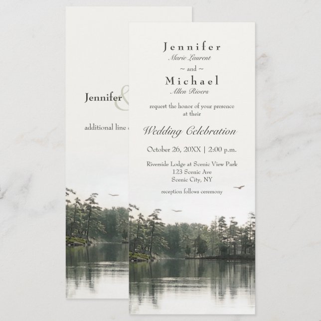 Invitation calme rustique lac evergreens reflet mince (Devant / Derrière)